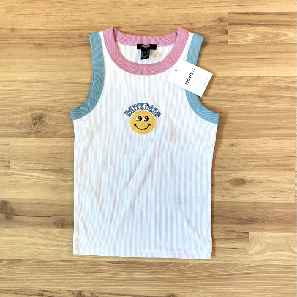 NWT Girls Forever 21 Pink Blue Happy Daze Smiley Tank-Size 7/8